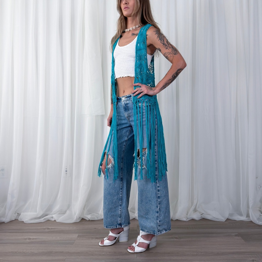 Pink Cattlelac Blue Crochet Fringe Festival Vest One Size Boho - Picture 3 of 8